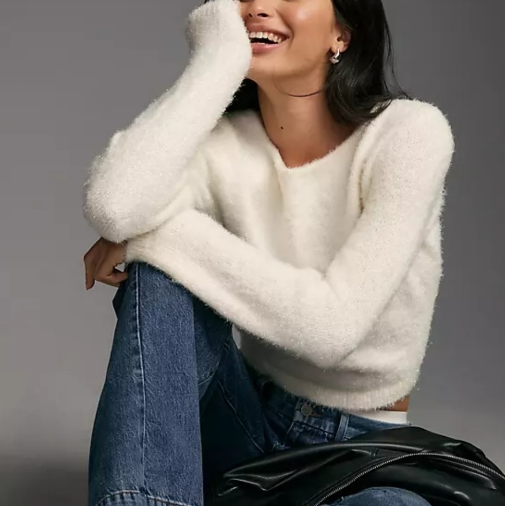 Women's Anthropologie Ivory Fuzzy Tie-Back Crew Neck Sweater M